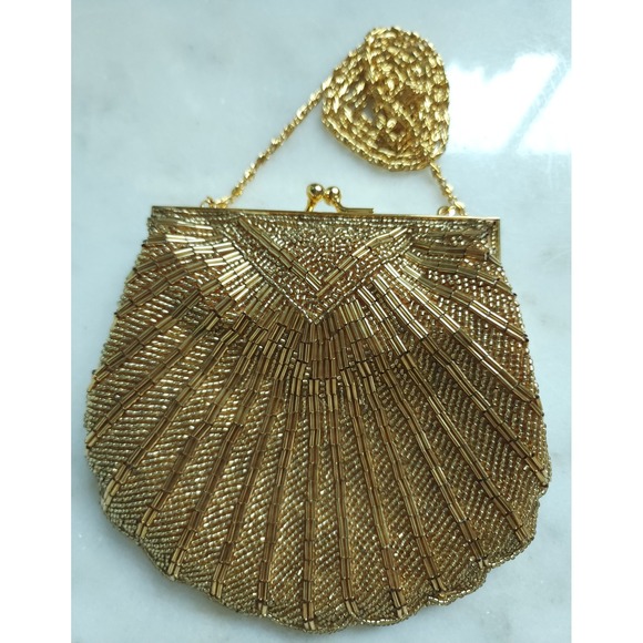 Valerie Stevens Handbags - VTG Exquisite Valerie Stevens Beaded Evening Bag Gold Glam Party Shell Clutch